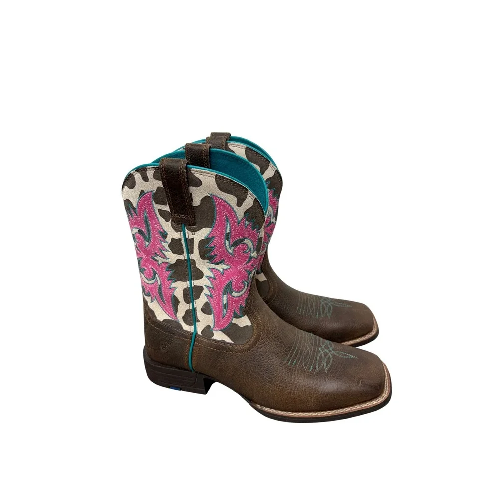 Ariat Girls Cowgirl Boots Cow Print Pink Embroidery Wiggle Room Brown 5 Western